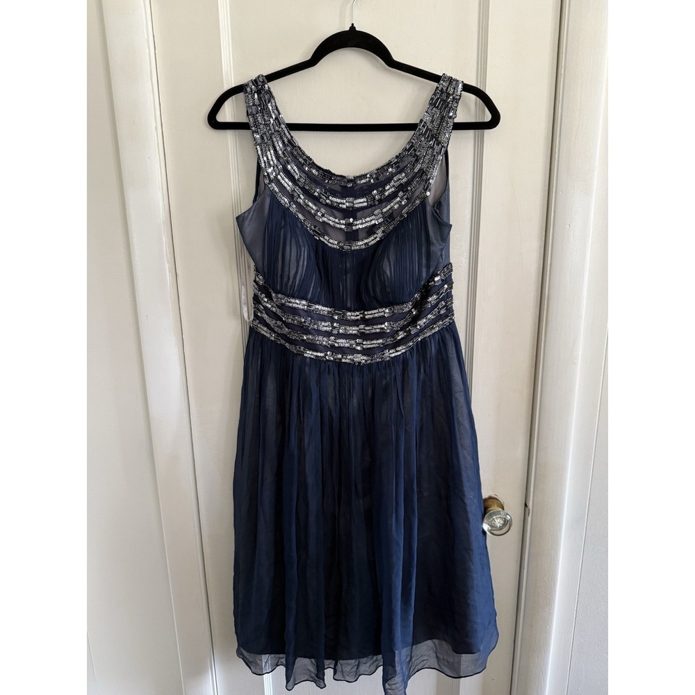 Adrianna Papell Evening Navy Silk Beaded Bodice Fit Flare Sequin Dress Size 8